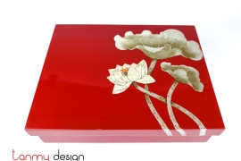 Red rectangular lacquer box hand-painted with lotus 